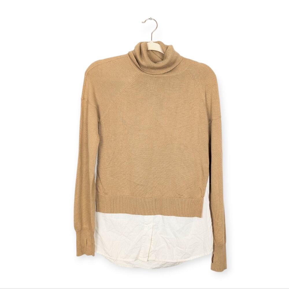 Kaufman Franco Camel Knit White Poplin Mixed Media Turtleneck Sweater Size S